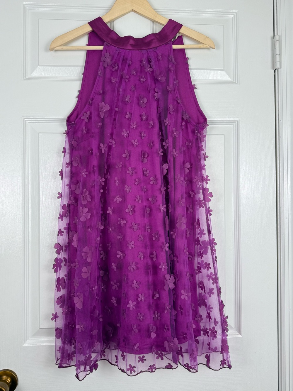NWOT Easel Purple Pink Floral Appliqué Overlay Halter Dress Size Small